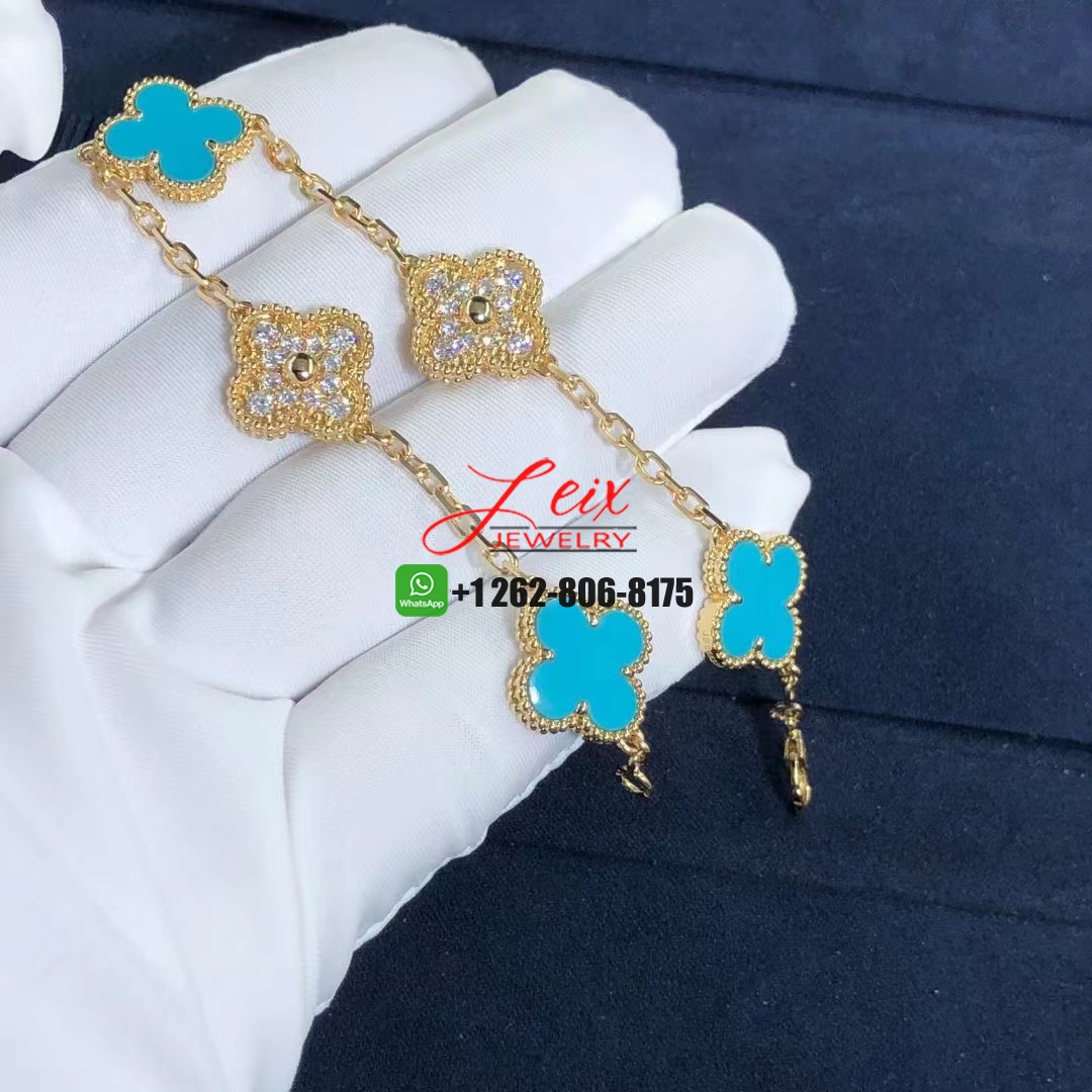 Van Cleef & Arpels Vintage Alhambra 5 Motifs Diamond and Turquoise 18k Yellow Gold Bracelet (4) Van Cleef & Arpels Vintage Alhambra 5 Motifs Diamond and Turquoise 18k Yellow Gold Bracelet