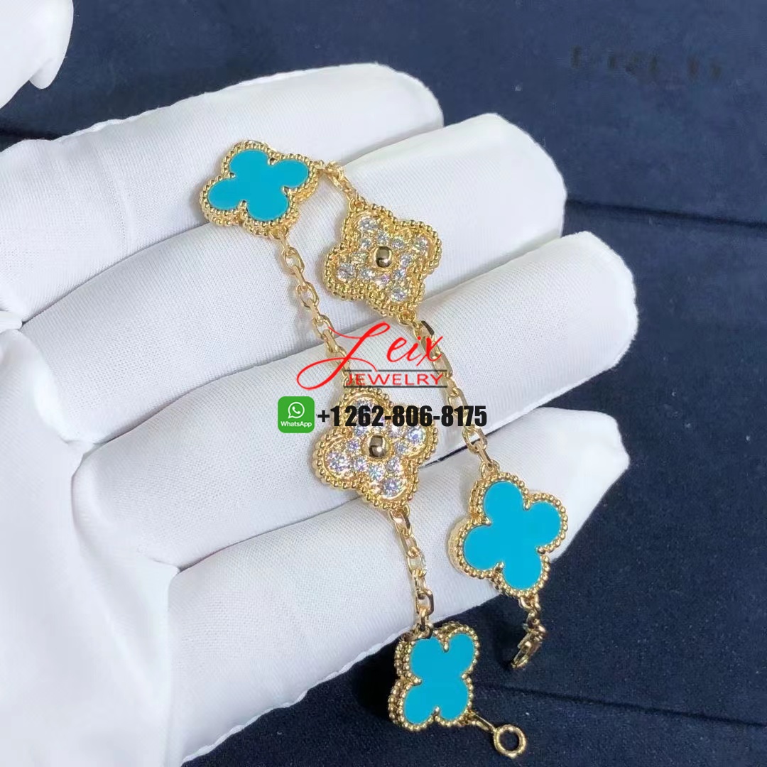 Van Cleef & Arpels Vintage Alhambra 5 Motifs Diamond and Turquoise 18k Yellow Gold Bracelet (5) Van Cleef & Arpels Vintage Alhambra 5 Motifs Diamond and Turquoise 18k Yellow Gold Bracelet