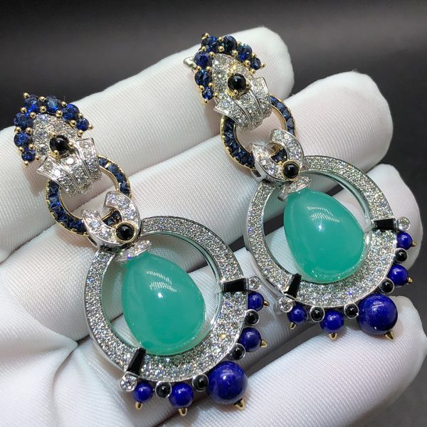 Van Cleef Najud 18k Gold Two Chrysoprase, Diamonds, Blue Sapphire, Black Spinels, Lapis Lazuli High Jewelry Drop Earrings