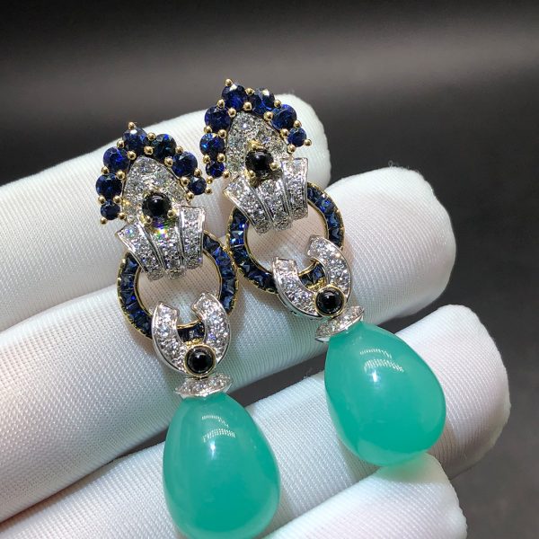 Van Cleef Najud 18k Gold Two Chrysoprase, Diamonds, Blue Sapphire, Black Spinels, Lapis Lazuli High Jewelry Drop Earrings