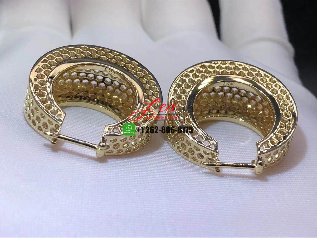 Custom Made Solid 18k Yellow Gold Hollow Out Mesh Hoop Earrings (3) Custom Made Solid 18k Yellow Gold Hollow Out Mesh Hoop Earrings