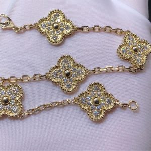 Van Cleef & Arpels 18k Yellow Gold 5 Diamond Motifs Vintage Alhambra Bracelet