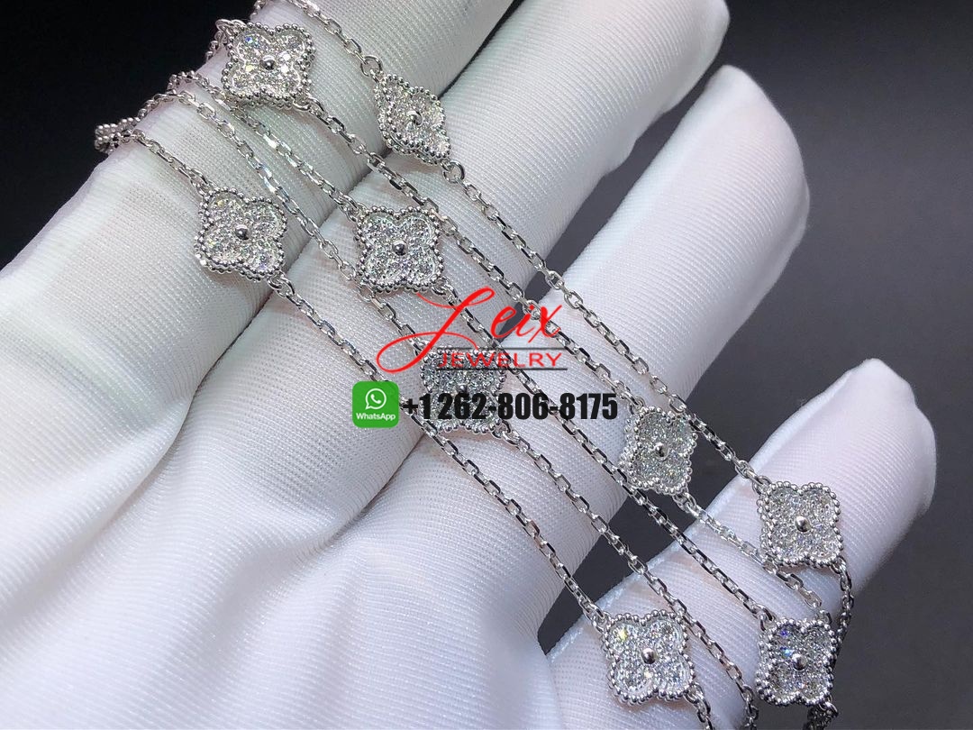 Van Cleef & Arpels Sweet Alhambra 18k White Gold Diamond 16 Motif Long Necklace (3) Van Cleef & Arpels Sweet Alhambra