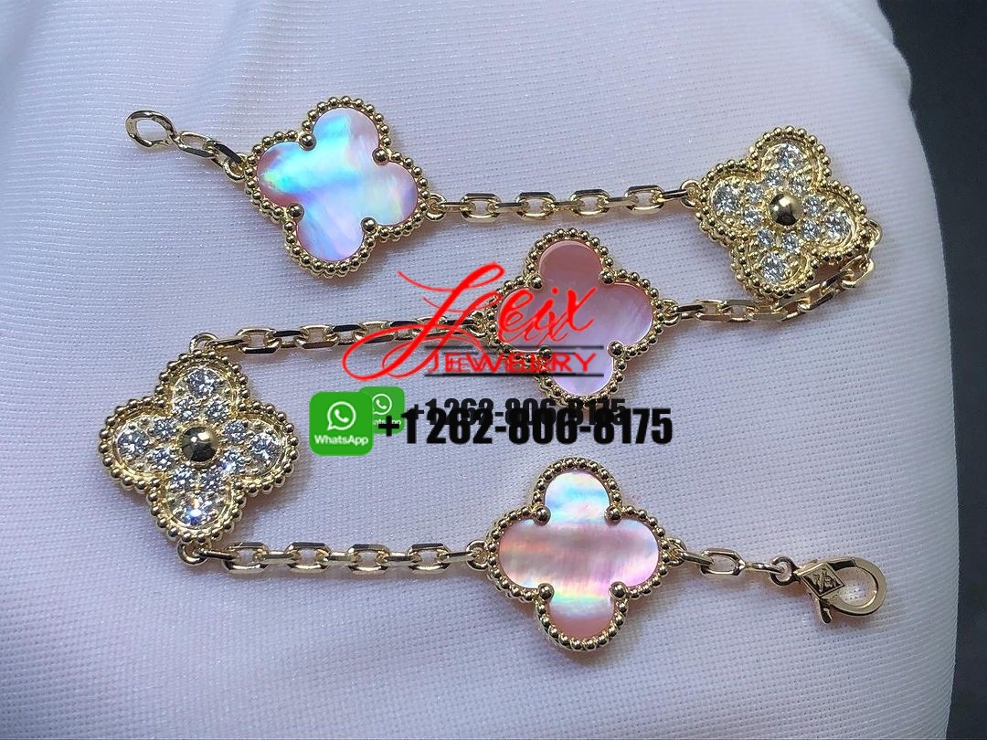 Van Cleef & Arpels Vintage Alhambra 18k Yellow Gold Pink Mother of Pearl & Diamonds 5 Motif Bracelet Van Cleef & Arpels Vintage Alhambra 18k Yellow Gold Pink Mother of Pearl & Diamonds 5 Motif Bracelet