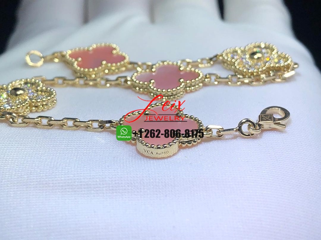 Van Cleef & Arpels Vintage Alhambra 18k Yellow Gold Pink Mother of Pearl & Diamonds 5 Motif Bracelet (1) Van Cleef & Arpels Vintage Alhambra 18k Yellow Gold Pink Mother of Pearl & Diamonds 5 Motif Bracelet