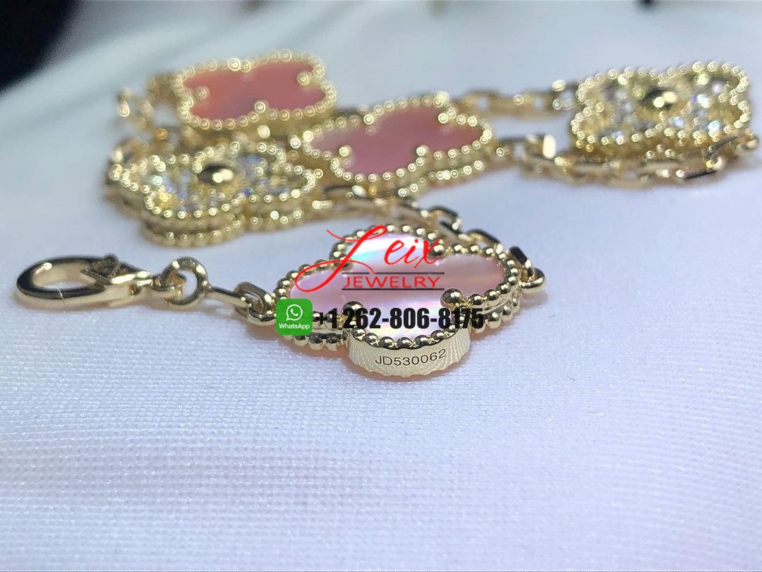 Van Cleef & Arpels Vintage Alhambra 18k Yellow Gold Pink Mother of Pearl & Diamonds 5 Motif Bracelet (2) Van Cleef & Arpels Vintage Alhambra 18k Yellow Gold Pink Mother of Pearl & Diamonds 5 Motif Bracelet