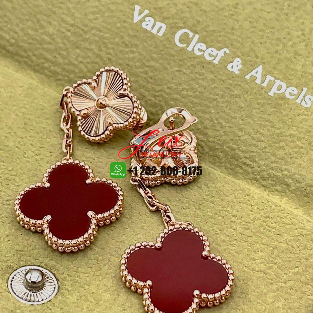 Van Cleef Arpels 18K Rose Gold Guilloche Carnelian 2 Motifs Magic Alhambra Earrings Van Cleef & Arpels 18K Rose Gold Guilloche Carnelian 2 Motifs Magic Alhambra Earrings