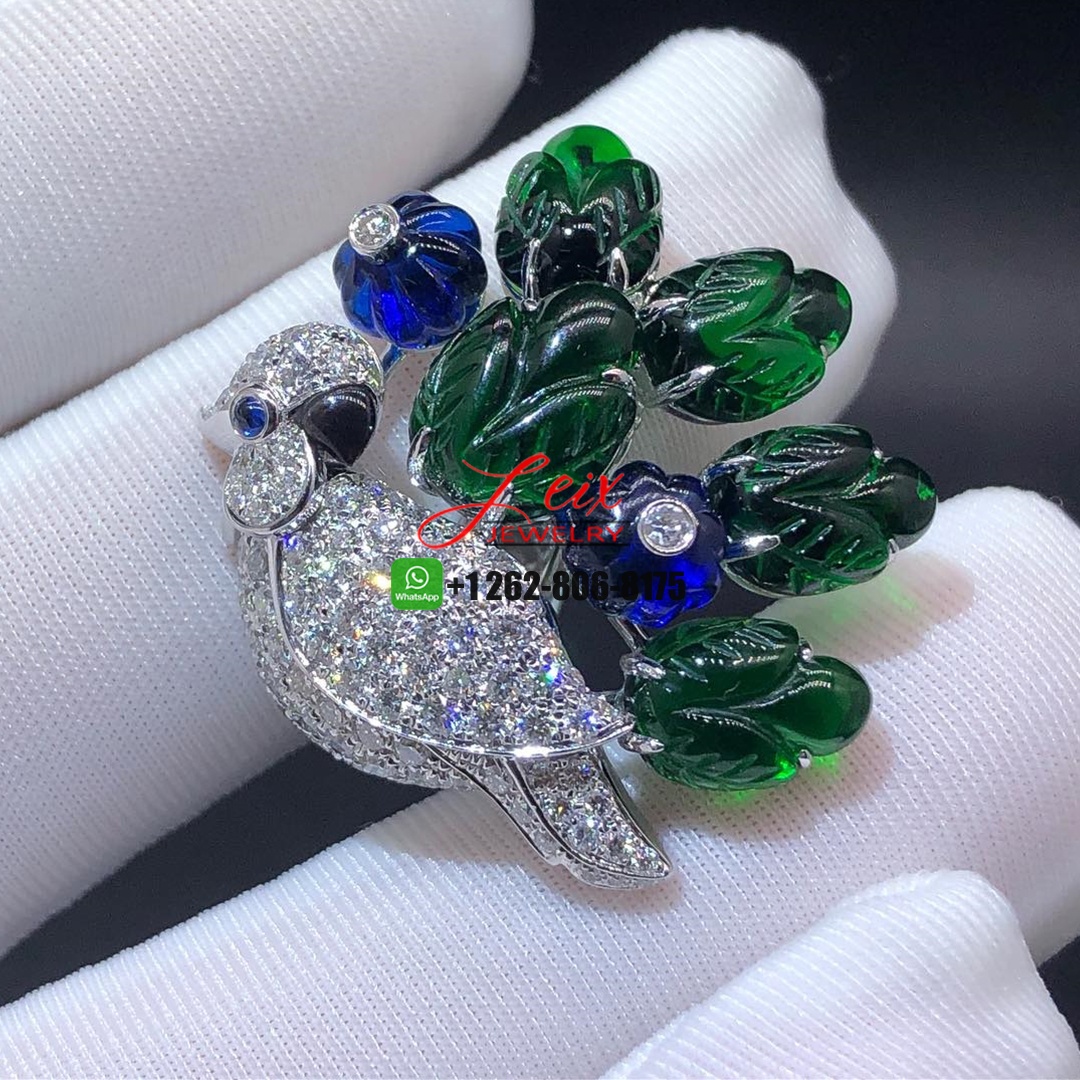 Cartier Diamond, Emearld, Sapphire and Grey Mother of Pearl 18k White Gold Parrot High Jewelry Earrings (2) Cartier Diamond, Emearld, Sapphire and Grey Mother of Pearl 18k White Gold Parrot High Jewelry Earrings