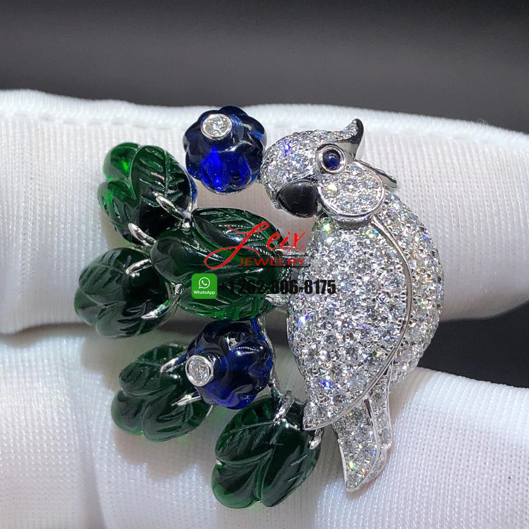 Cartier Diamond, Emearld, Sapphire and Grey Mother of Pearl 18k White Gold Parrot High Jewelry Earrings (3) Cartier Diamond, Emearld, Sapphire and Grey Mother of Pearl 18k White Gold Parrot High Jewelry Earrings