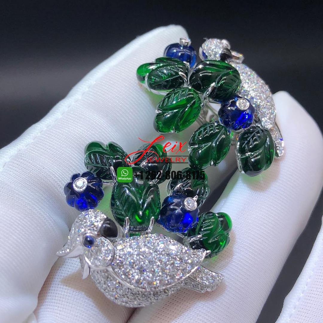 Cartier Diamond, Emearld, Sapphire and Grey Mother of Pearl 18k White Gold Parrot High Jewelry Earrings (4) Cartier Diamond, Emearld, Sapphire and Grey Mother of Pearl 18k White Gold Parrot High Jewelry Earrings
