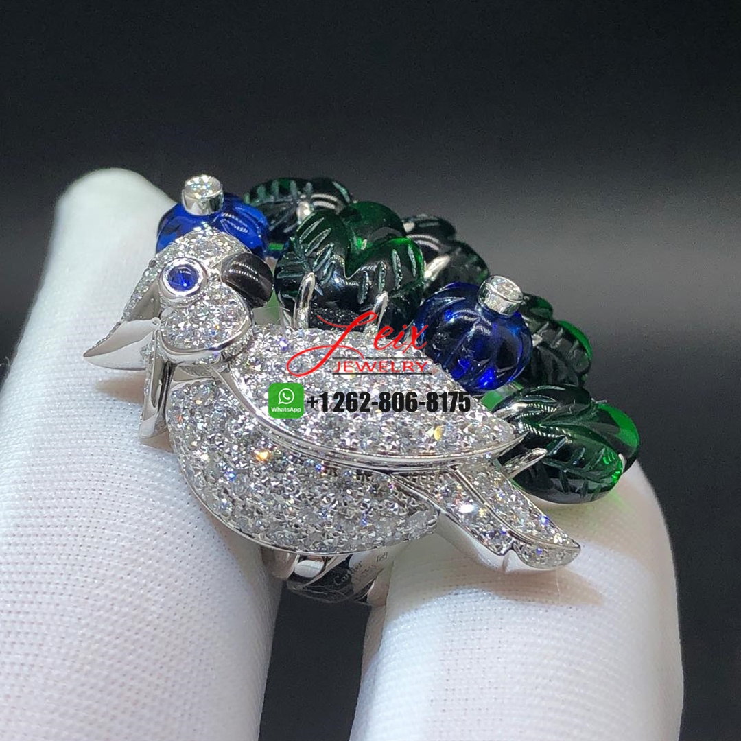 Cartier Diamond, Emearld, Sapphire and Grey Mother of Pearl 18k White Gold Parrot High Jewelry Earrings (5) Cartier Diamond, Emearld, Sapphire and Grey Mother of Pearl 18k White Gold Parrot High Jewelry Earrings