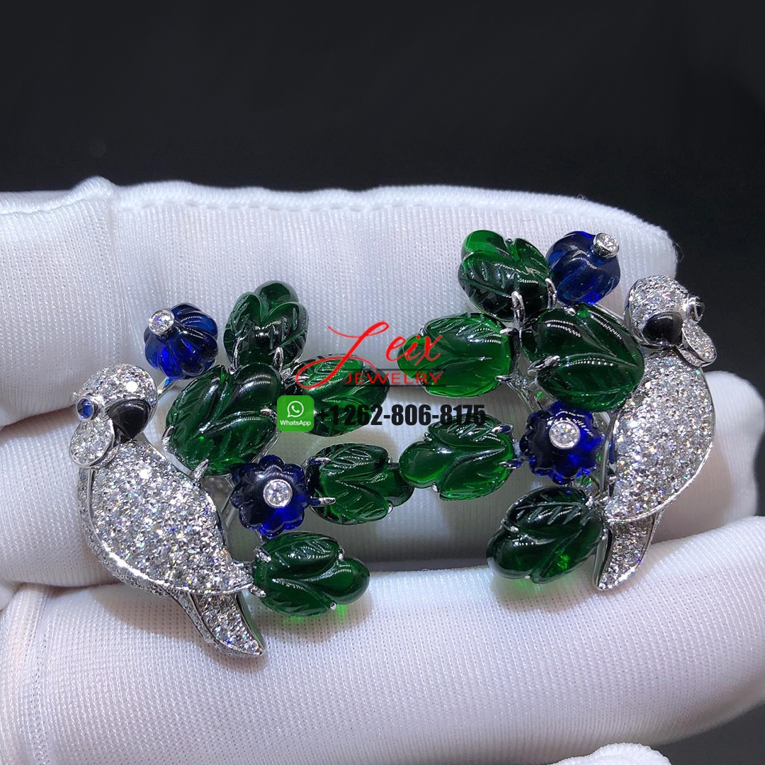 Cartier Diamond, Emearld, Sapphire and Grey Mother of Pearl 18k White Gold Parrot High Jewelry Earrings Cartier Diamond, Emearld, Sapphire and Grey Mother of Pearl 18k White Gold Parrot High Jewelry Earrings