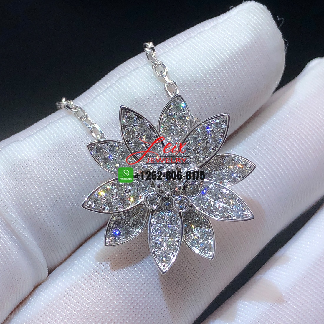 Van Cleef & Arpels 18K White Gold Pave Diamond Medium Lotus Clip Pendant Necklace Van Cleef & Arpels 18K White Gold Pave Diamond Medium Lotus Clip Pendant Necklace