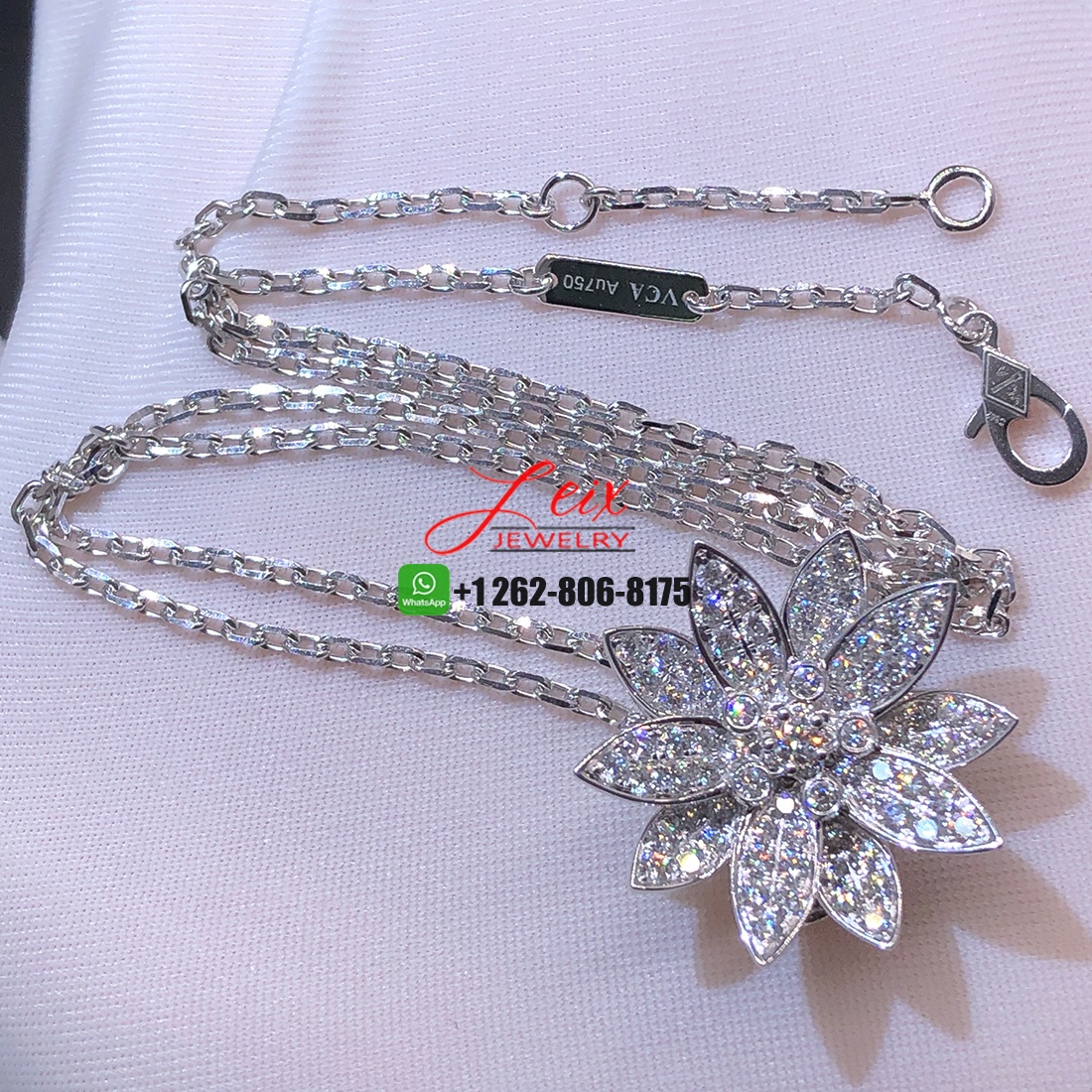 Van Cleef & Arpels 18K White Gold Pave Diamond Medium Lotus Clip Pendant Necklace (4) Van Cleef & Arpels 18K White Gold Pave Diamond Medium Lotus Clip Pendant Necklace