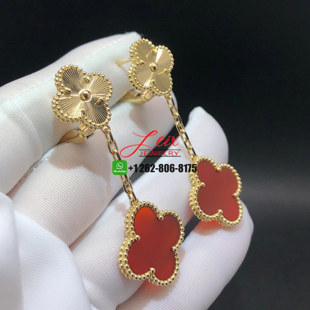 Van Cleef & Arpels Magic Alhambra 18K Yellow Gold Guilloche Carnelian 2 Motifs Earrings (1) Van Cleef & Arpels Magic Alhambra 18K Yellow Gold Guilloche Carnelian 2 Motifs Earrings