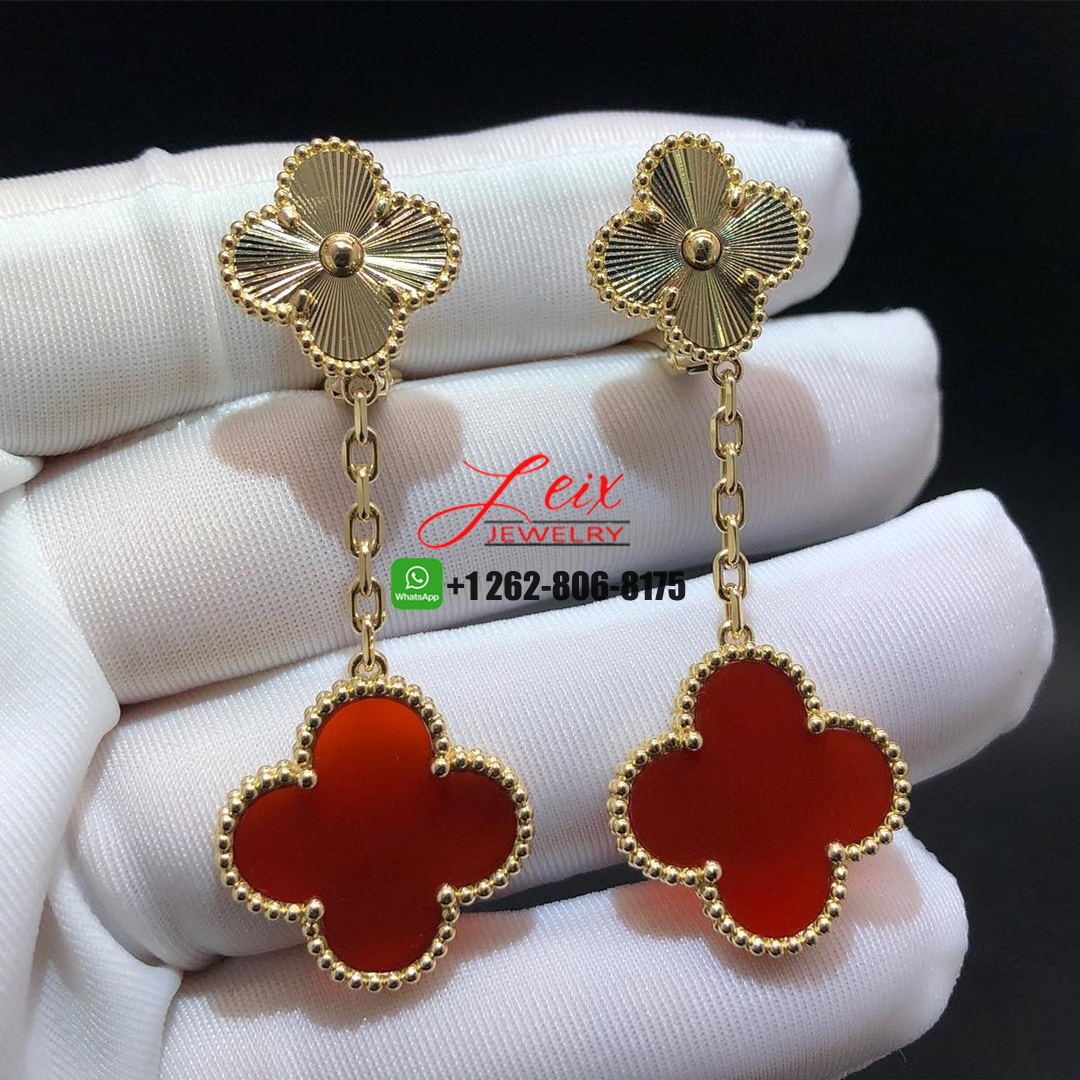 Van Cleef & Arpels Magic Alhambra 18K Yellow Gold Guilloche Carnelian 2 Motifs Earrings Van Cleef & Arpels Magic Alhambra 18K Yellow Gold Guilloche Carnelian 2 Motifs Earrings