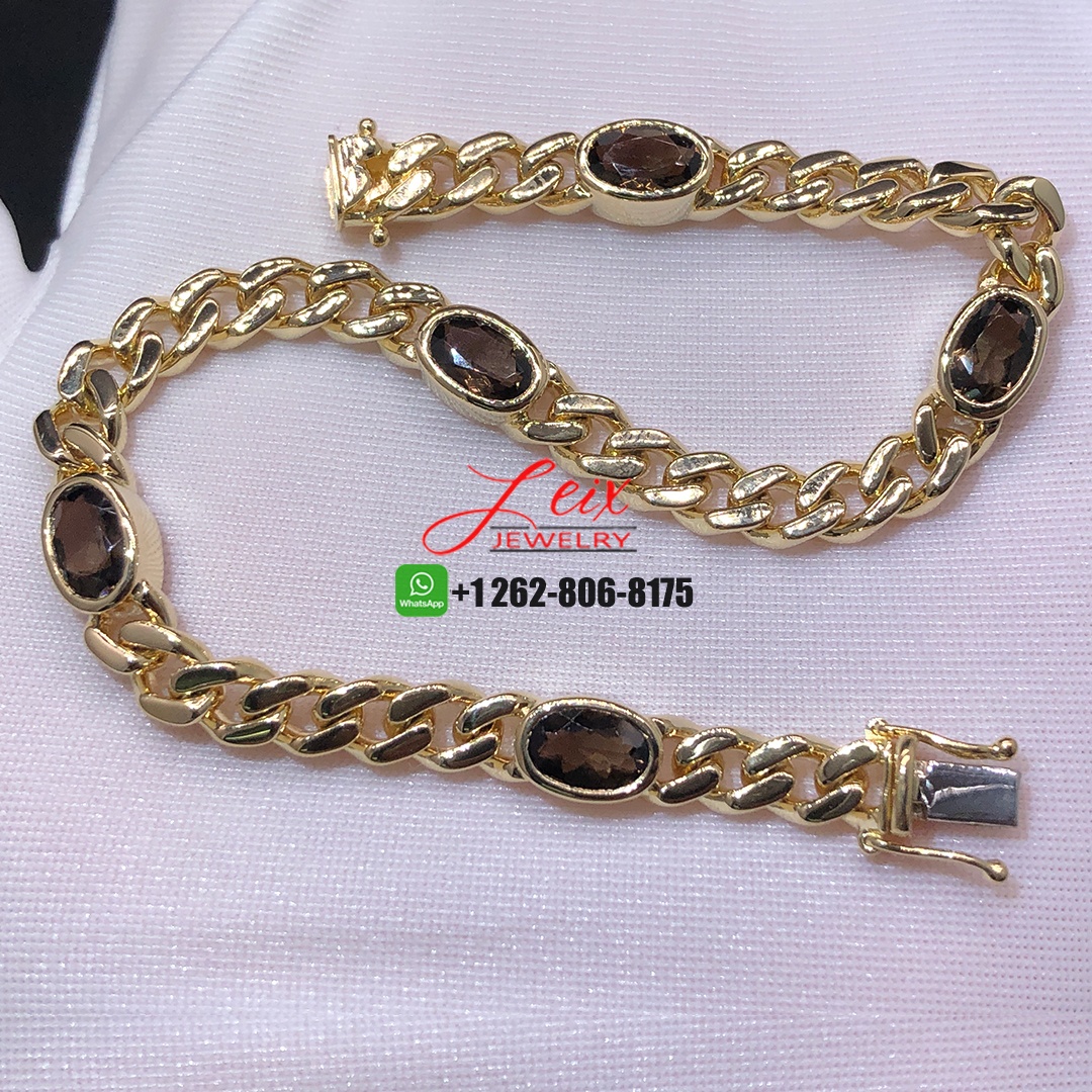 Custom Made Pure 18k Yellow Gold Smokey Quartz Curb Chain Bracelet Custom Made Pure 18k Yellow Gold Smokey Quartz Curb Chain Bracelet