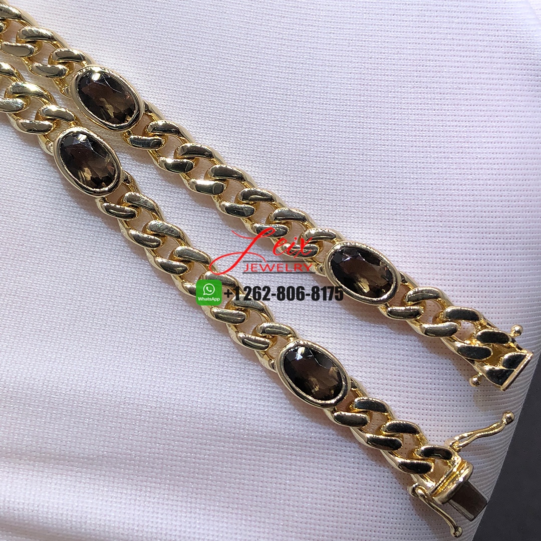 Custom Made Pure 18k Yellow Gold Smokey Quartz Curb Chain Bracelet (2) Custom Made Pure 18k Yellow Gold Smokey Quartz Curb Chain Bracelet