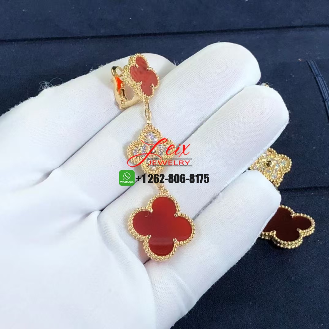 Van Cleef & Arpels 18k Yellow Gold 3 Motifs Carnelian Diamond Magic Alhambra Earrings (1) Van Cleef & Arpels 18k Yellow Gold 3 Motifs Carnelian Diamond Magic Alhambra Earrings
