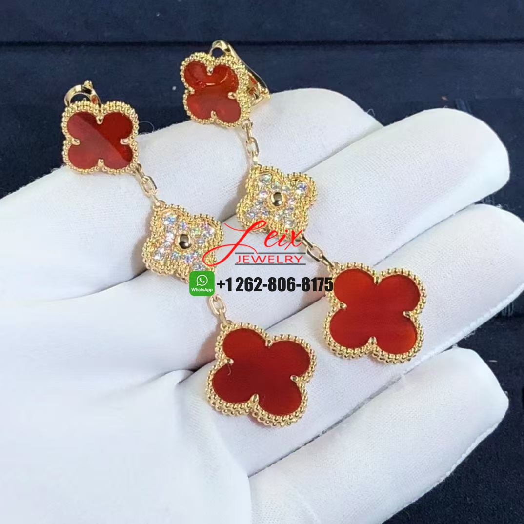 Van Cleef & Arpels 18k Yellow Gold 3 Motifs Carnelian Diamond Magic Alhambra Earrings (2) Van Cleef & Arpels 18k Yellow Gold 3 Motifs Carnelian Diamond Magic Alhambra Earrings