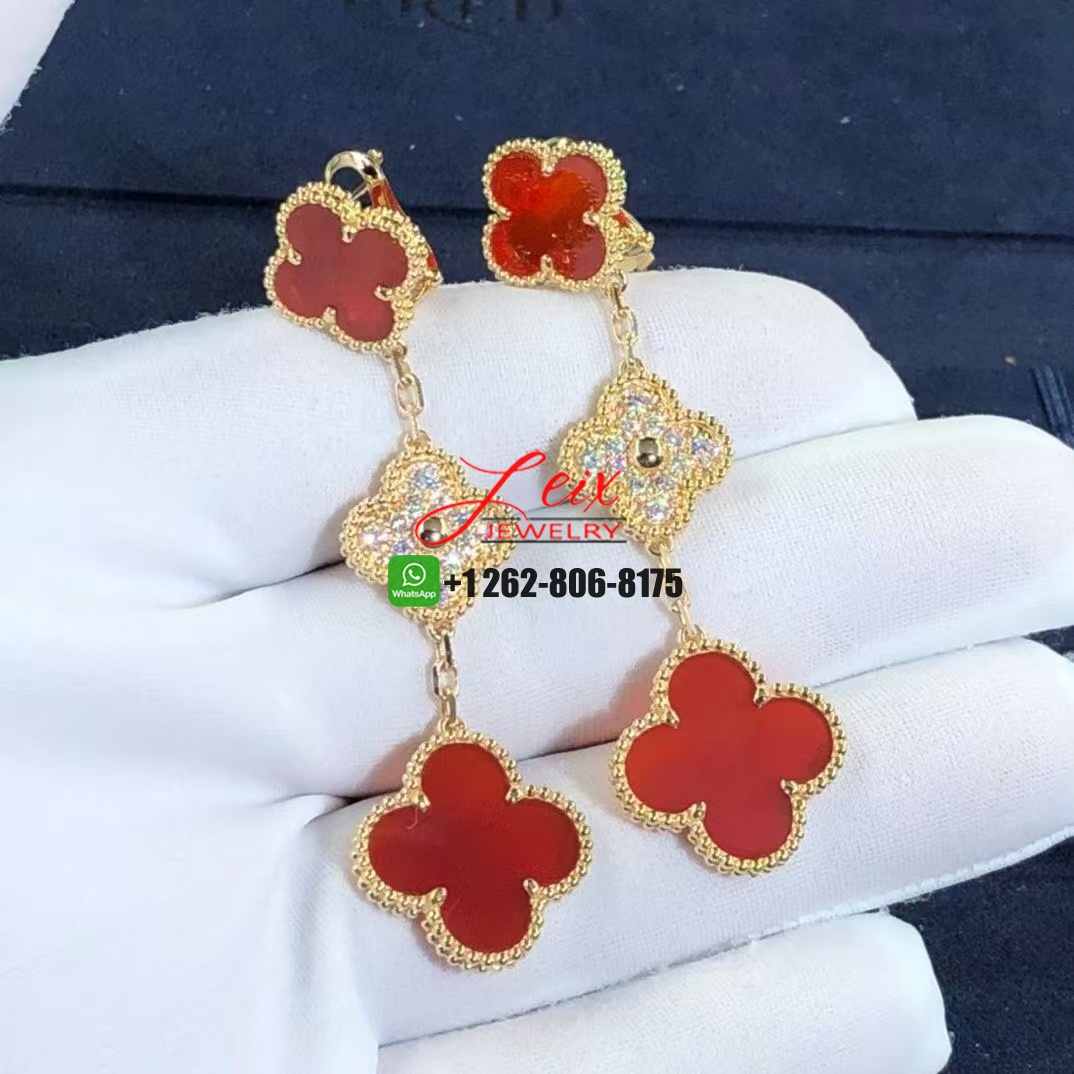 Van Cleef & Arpels 18k Yellow Gold 3 Motifs Carnelian Diamond Magic Alhambra Earrings (3) Van Cleef & Arpels 18k Yellow Gold 3 Motifs Carnelian Diamond Magic Alhambra Earrings