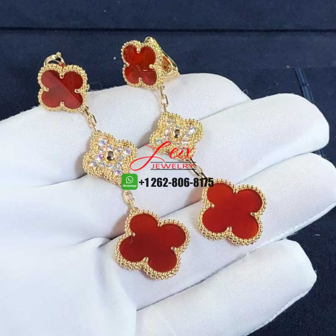 Van Cleef & Arpels 18k Yellow Gold 3 Motifs Carnelian Diamond Magic Alhambra Earrings Van Cleef & Arpels 18k Yellow Gold 3 Motifs Carnelian Diamond Magic Alhambra Earrings