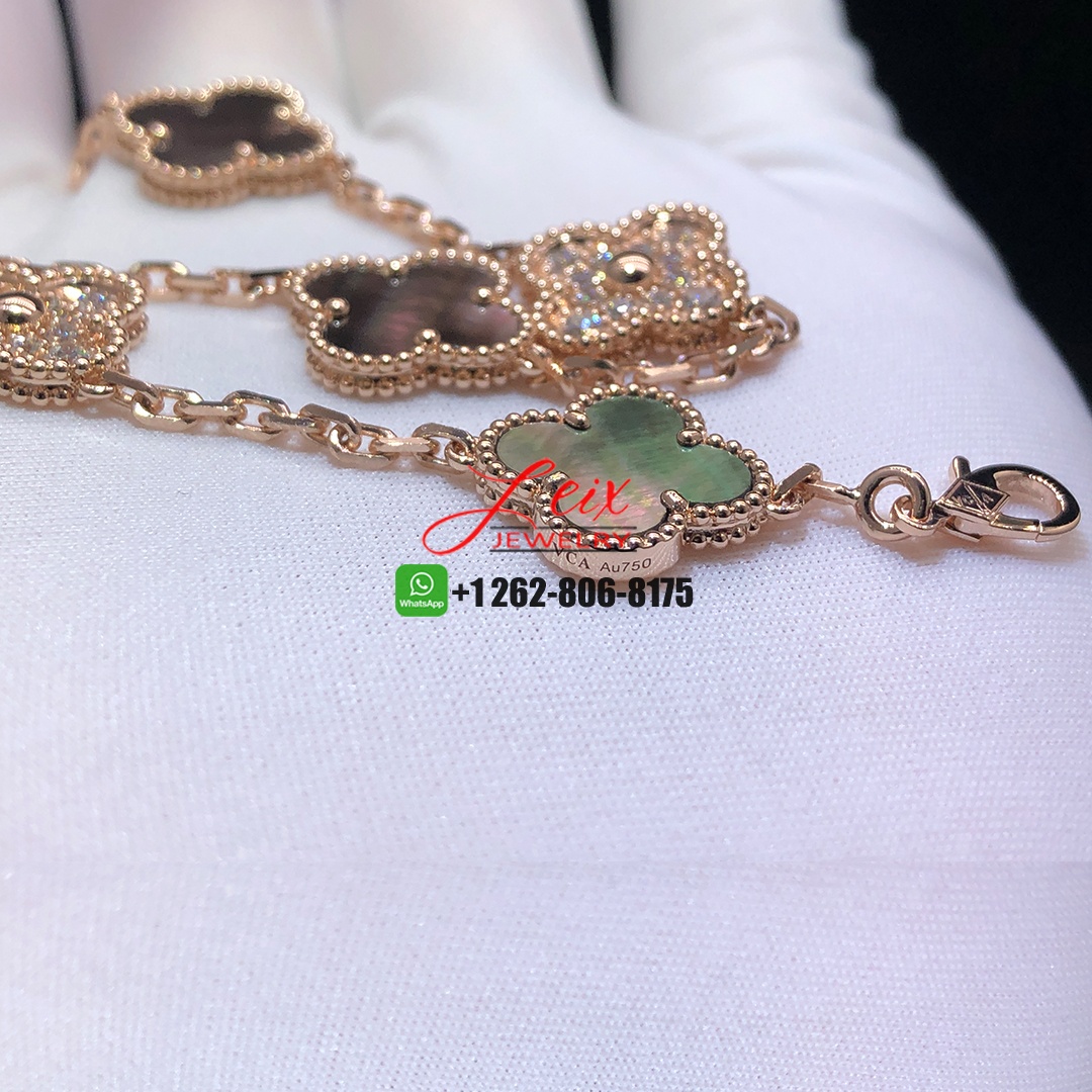 Van Cleef & Arpels Vintage Alhambra 18k Rose Gold Diamond Grey Mother of Pearl 5 Motifs Bracelet (1) Van Cleef & Arpels Vintage Alhambra 18k Rose Gold Diamond Grey Mother of Pearl 5 Motifs Bracelet