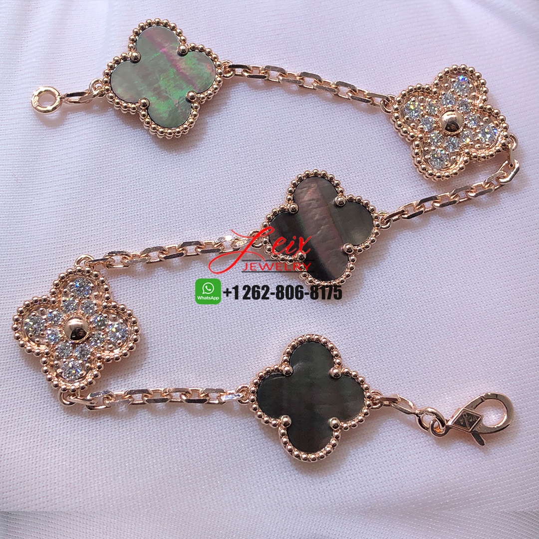 Van Cleef & Arpels Vintage Alhambra 18k Rose Gold Diamond Grey Mother of Pearl 5 Motifs Bracelet Van Cleef & Arpels Vintage Alhambra 18k Rose Gold Diamond Grey Mother of Pearl 5 Motifs Bracelet
