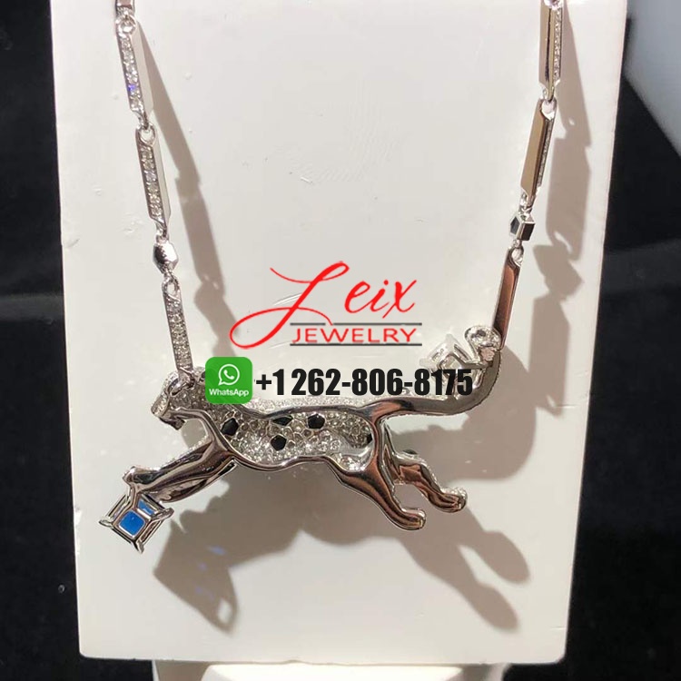 Cartier 18k White Gold Pave Diamond Onyx Sapphire Panthere de Cartier Necklace (3) Cartier 18k White Gold Pave Diamond Onyx Sapphire Panthere de Cartier Necklace