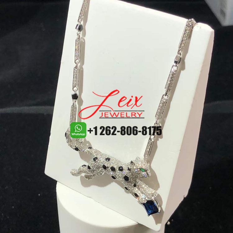 Cartier 18k White Gold Pave Diamond Onyx Sapphire Panthere de Cartier Necklace (4) Cartier 18k White Gold Pave Diamond Onyx Sapphire Panthere de Cartier Necklace