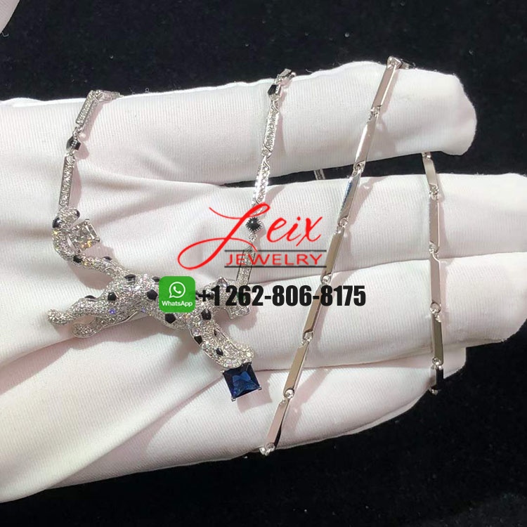 Cartier 18k White Gold Pave Diamond Onyx Sapphire Panthere de Cartier Necklace (6) Cartier 18k White Gold Pave Diamond Onyx Sapphire Panthere de Cartier Necklace