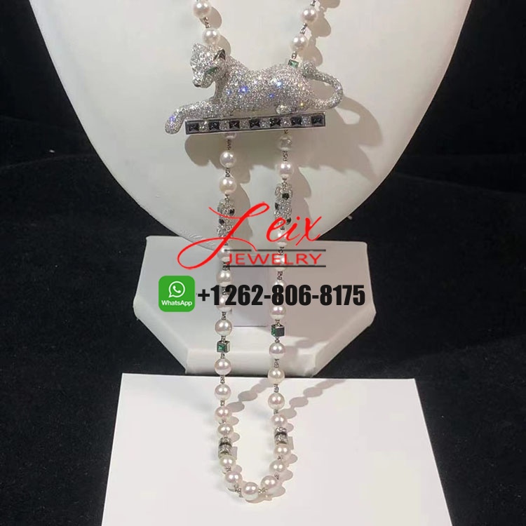 Cartier 18k White Gold Pave Diamond Pearl Onyx Emerald Panthère de Cartier Brooch Necklace (1) Cartier 18k White Gold Pave Diamond Pearl Onyx Emerald Panthère de Cartier Brooch Necklace