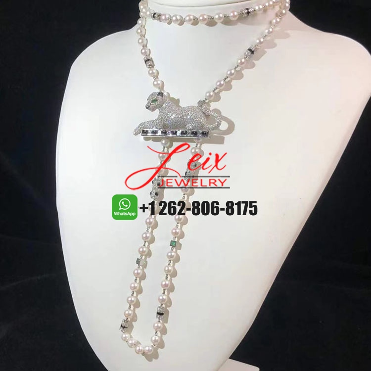 Cartier 18k White Gold Pave Diamond Pearl Onyx Emerald Panthère de Cartier Brooch Necklace (2) Cartier 18k White Gold Pave Diamond Pearl Onyx Emerald Panthère de Cartier Brooch Necklace