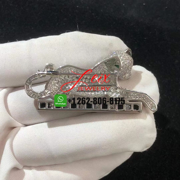 Cartier 18k White Gold Pave Diamond Pearl Onyx Emerald Panthère de Cartier clip Brooch Cartier 18k White Gold Pave Diamond Pearl Onyx Emerald Panthère de Cartier Brooch