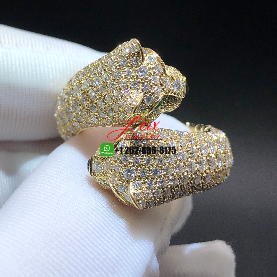 Cartier 18k Yellow Gold Full Pave Diamonds Double Panthere Heads Panthère de Cartier Ring (2) Cartier 18k Yellow Gold Full Pave Diamonds Double Panthere Heads Panthère de Cartier Ring