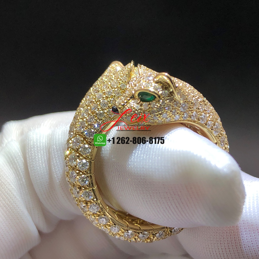 Cartier 18k Yellow Gold Full Pave Diamonds Double Panthere Heads Panthère de Cartier Ring (5) Cartier 18k Yellow Gold Full Pave Diamonds Double Panthere Heads Panthère de Cartier Ring