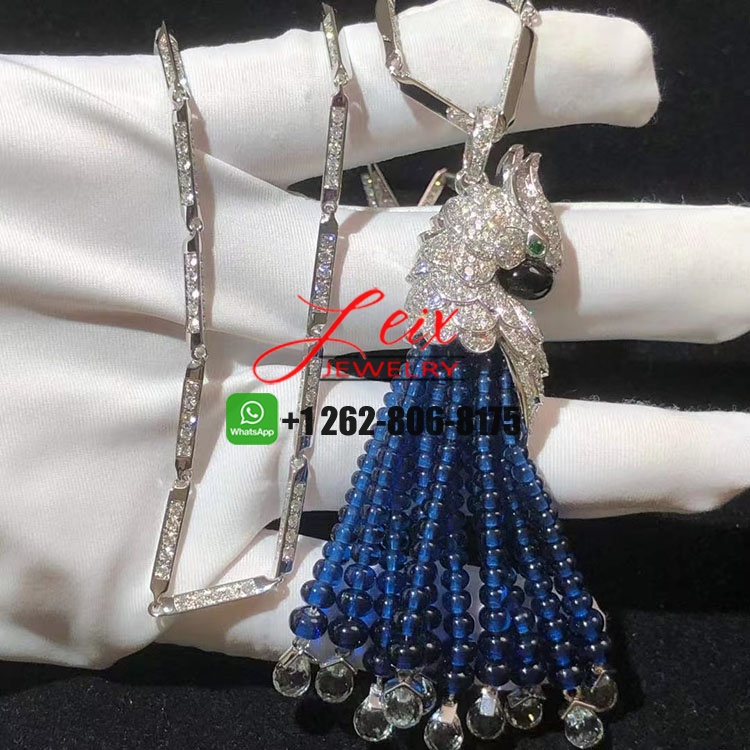 Cartier Les Oiseaux Libérés 18k White Gold Diamonds Blue Sapphire Parrot Tassels High Jewelry Necklace (1)