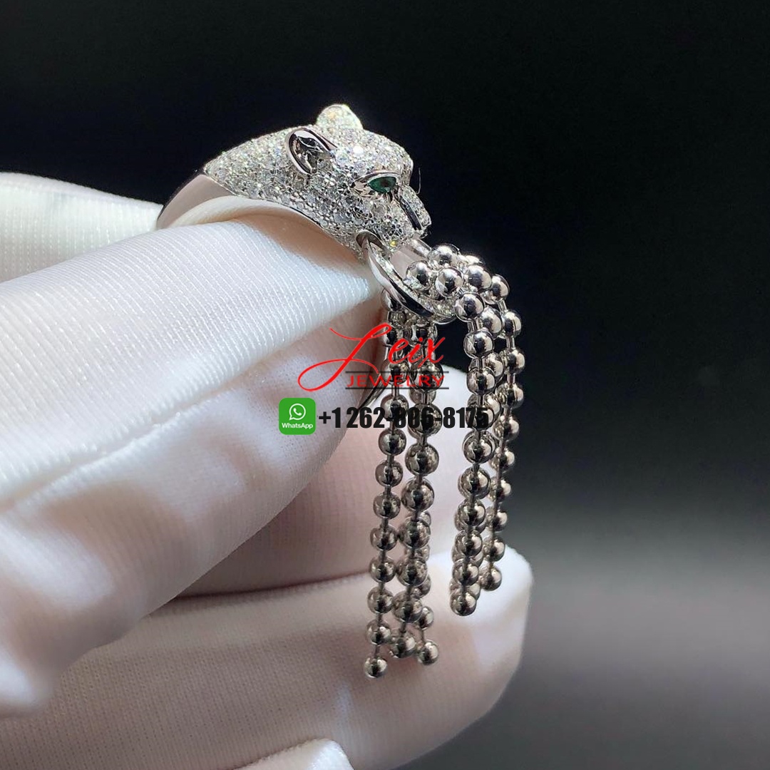 Custom Cartier 18K White Gold Diamond Black Onyx Emerald Panthere De Cartier Tassel Ring (1) Custom Cartier 18K White Gold Diamond Black Onyx Emerald Panthere De Cartier Tassel Ring