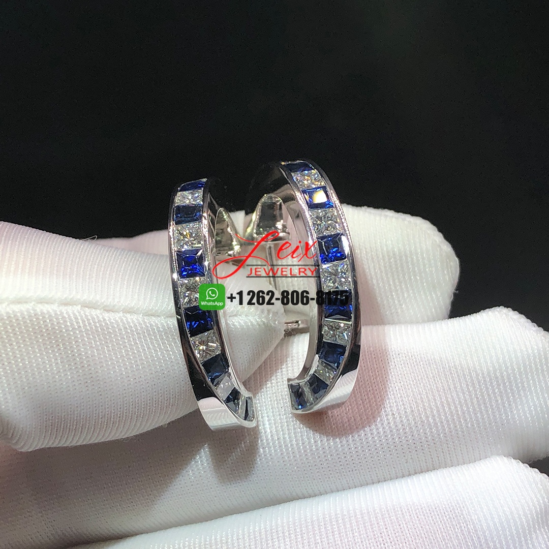 Custom Made Designer Platinum Diamonds and Blue Sapphire Hoop Earrings