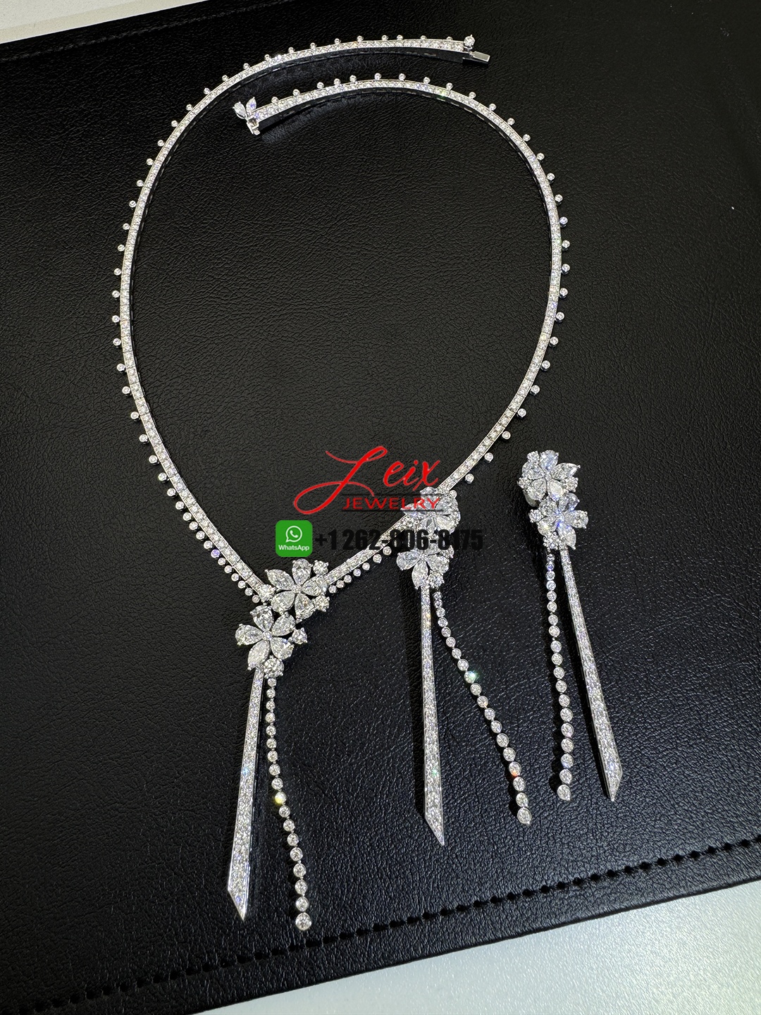Graff Carissa Flower Diamond Drop Necklace and Earrings jewelry set in 18k White Gold (2)
