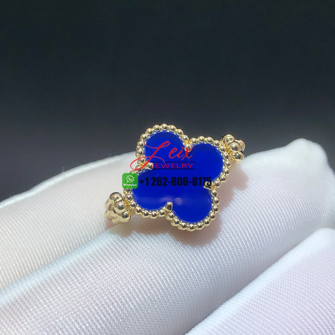 Van Cleef Vintage Alhambra Reversible Ring 18k Yellow Gold with Blue Agate, Guilloche Gold and Diamond (2)