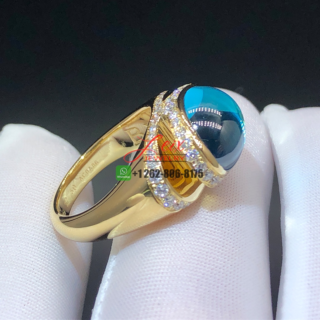 Bvlgari Cabochon Blue Topaz & Diamond 18K Yellow Gold Ring