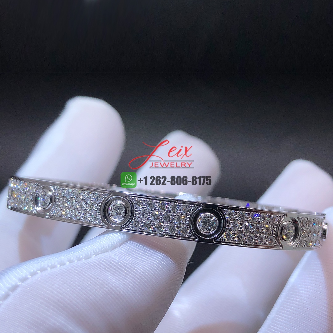 Cartier 18k White Gold Pave Diamond and 10 Diamonds 6.1mm Band Classic Model LOVE Bracelet (1)
