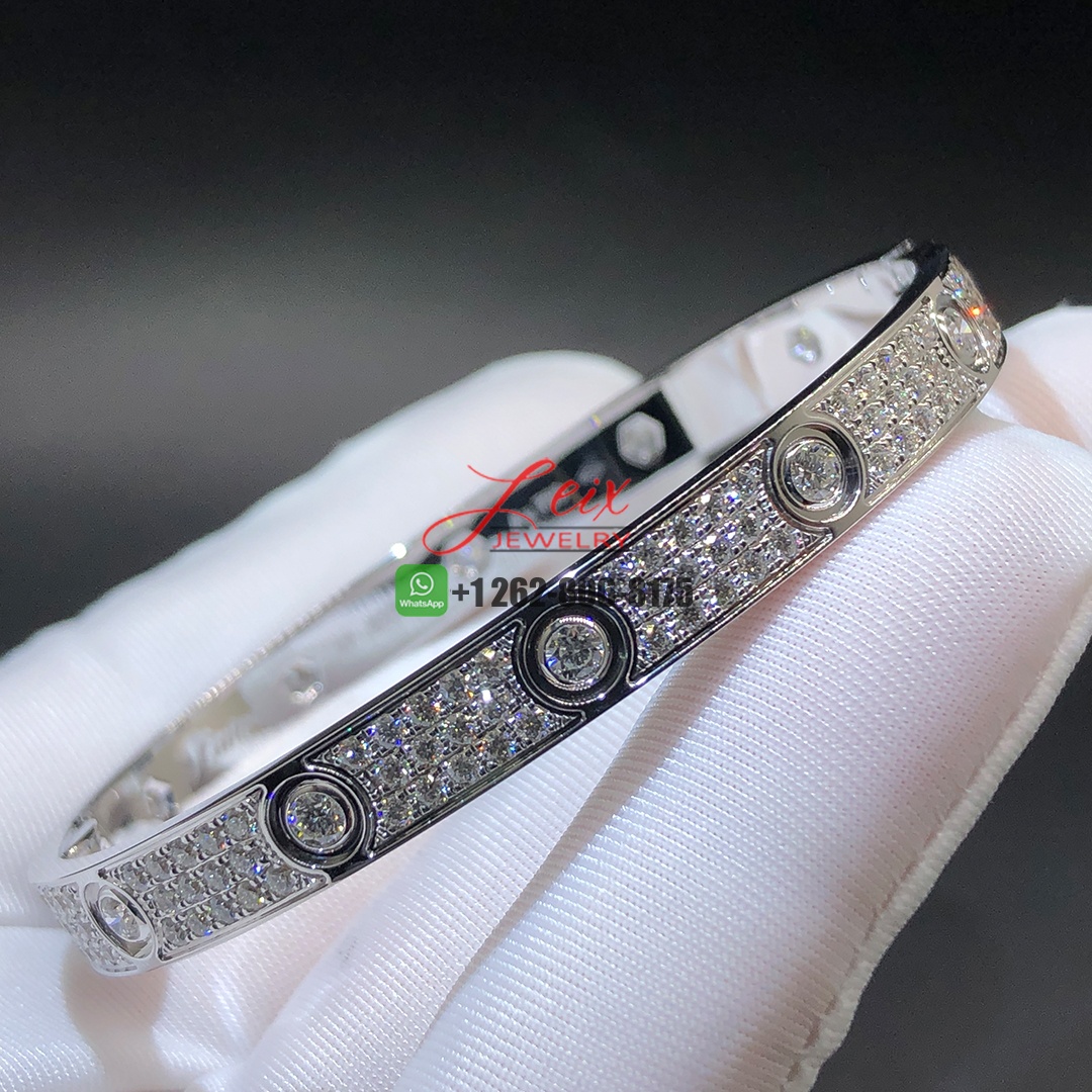 Cartier 18k White Gold Pave Diamond and 10 Diamonds 6.1mm Band Classic Model LOVE Bracelet