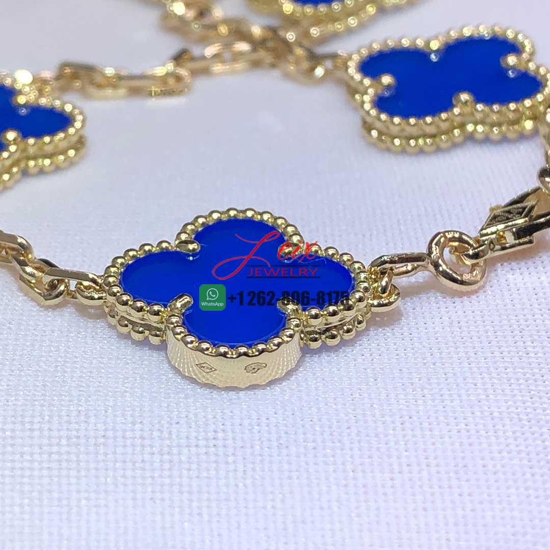 Van Cleef & Arpels Vintage Alhambra 18K Yellow Gold Blue Agate 10 Motif Necklace (1)