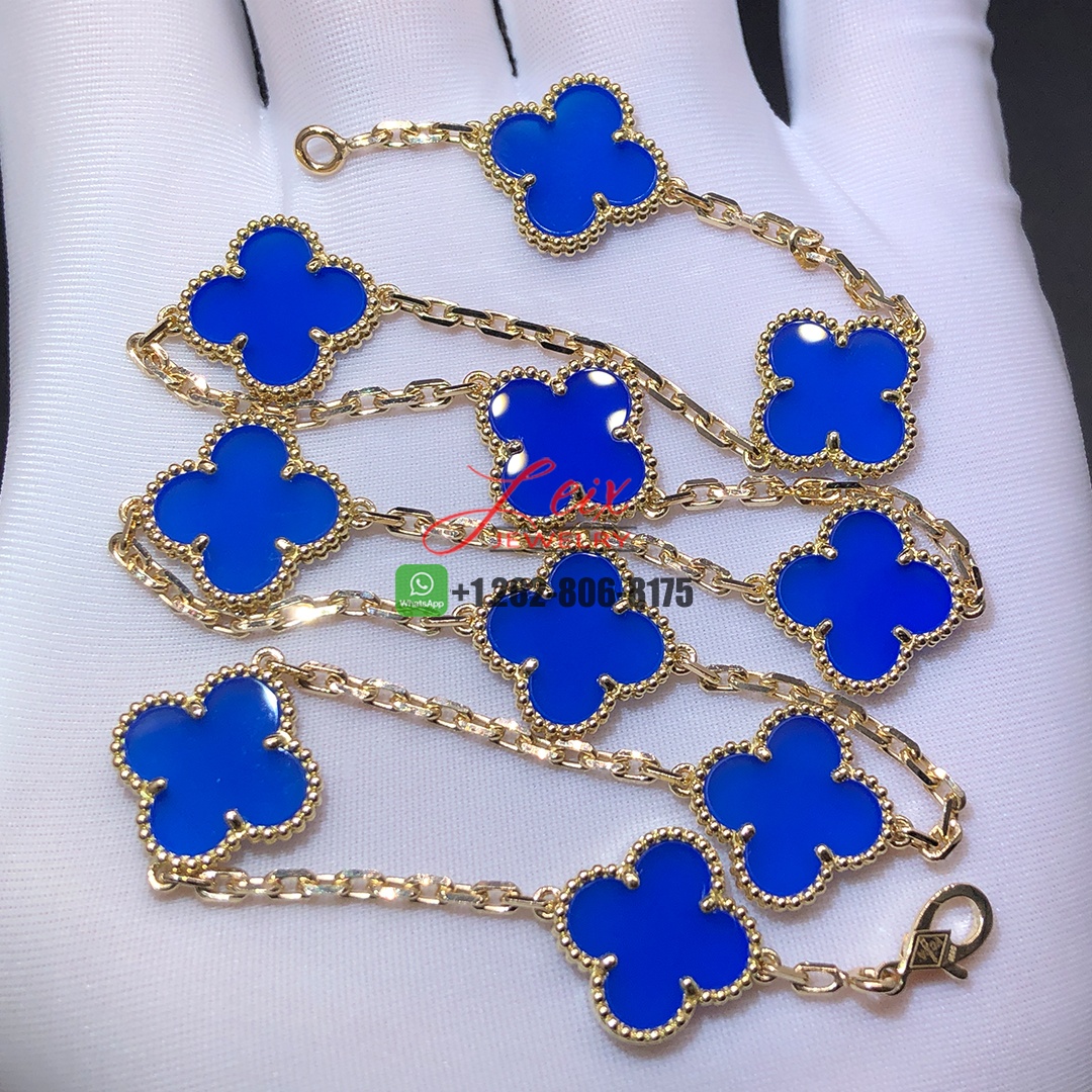 Van Cleef & Arpels Vintage Alhambra 18K Yellow Gold Blue Agate 10 Motif Necklace