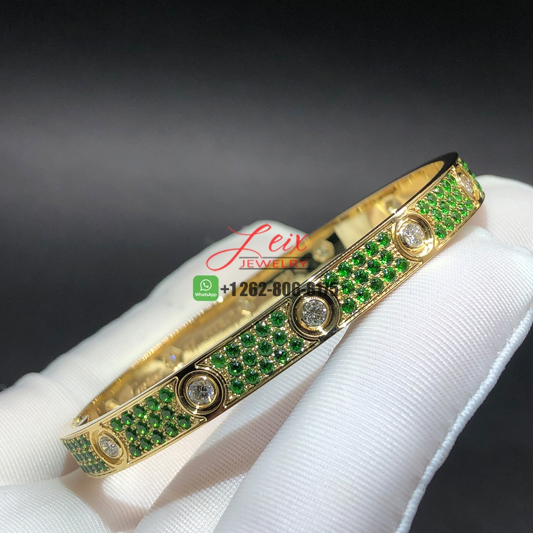 Cartier 18k yellow gold Classic Model Pave Tsavorite Garnet and 10 Diamonds Single-screw Closure Love Bracelet (1)
