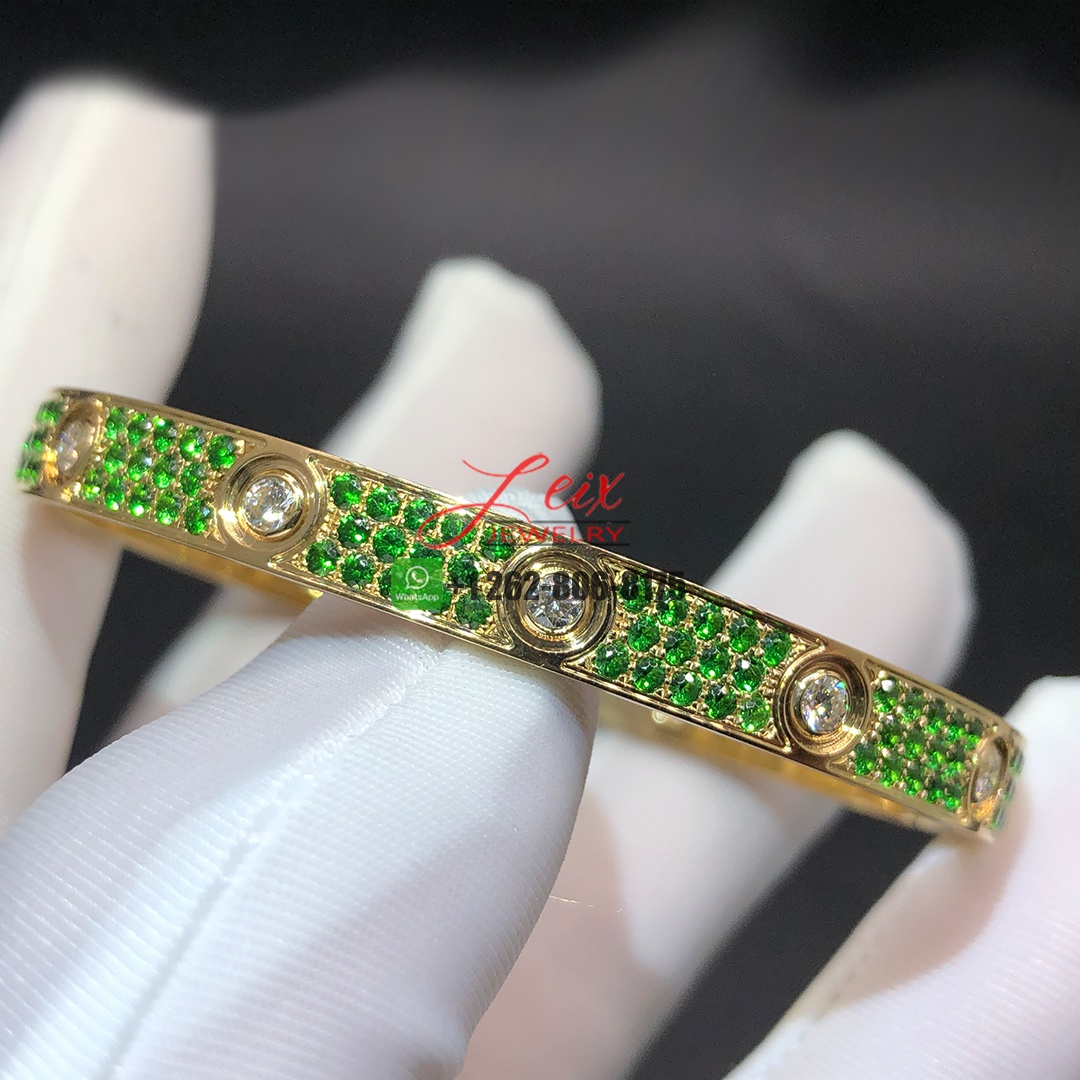 Cartier 18k yellow gold Classic Model Pave Tsavorite Garnet and 10 Diamonds Single-screw Closure Love Bracelet
