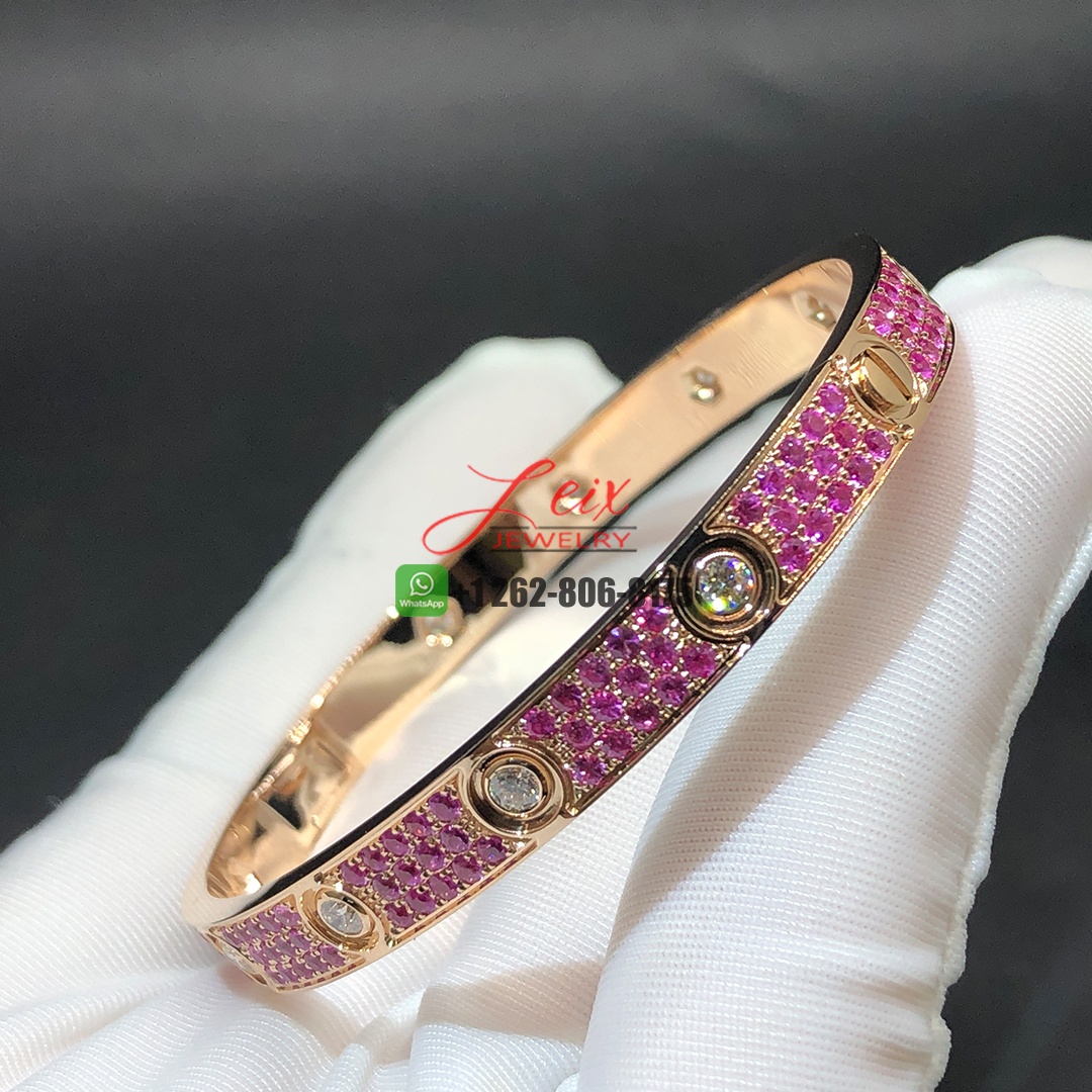 Cartier Classic Model 18k Rose Gold Pink Sapphire Paved and 10 Diamonds Single-screw Closure Love Bracelet (1)