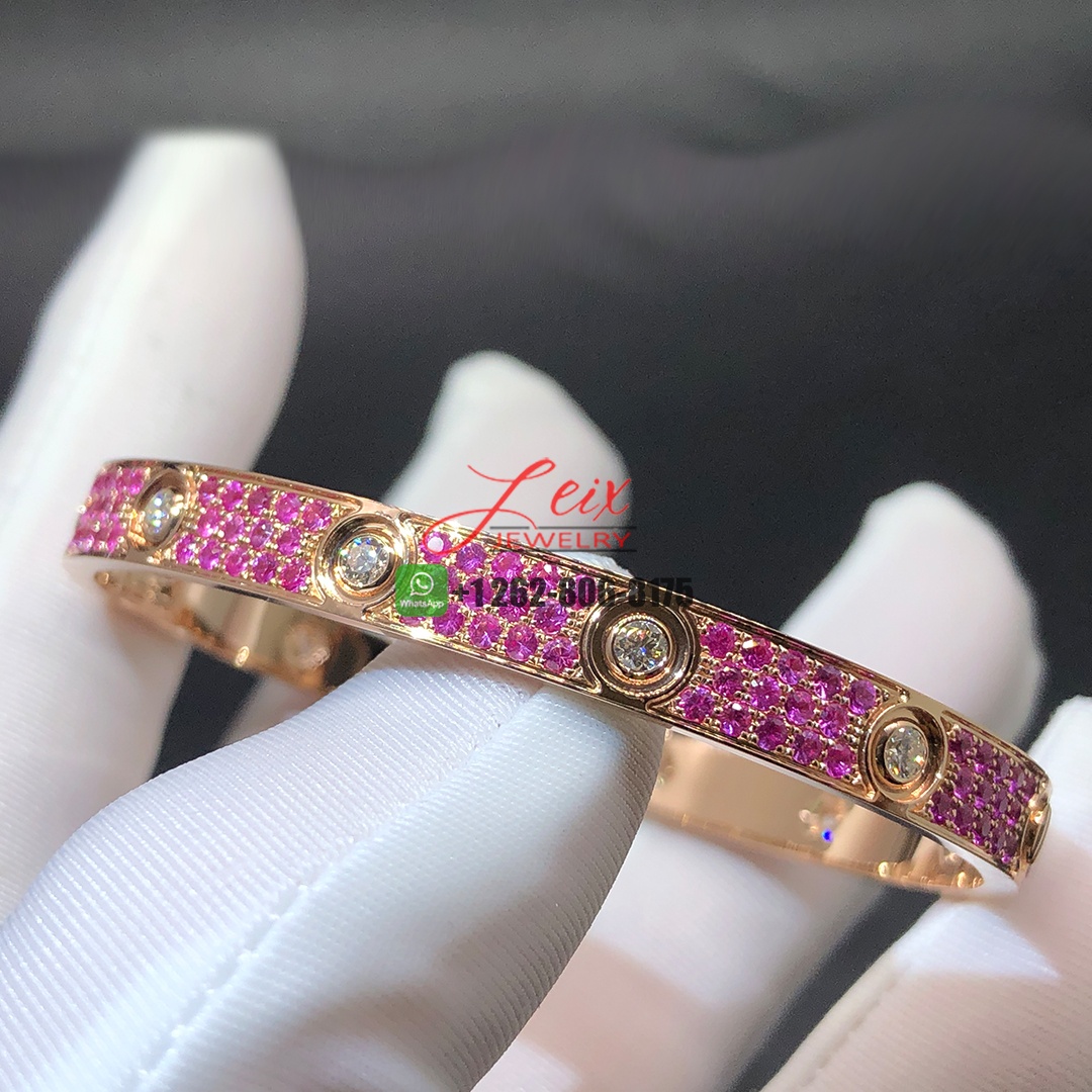 Cartier Classic Model 18k Rose Gold Pink Sapphire Paved and 10 Diamonds Single-screw Closure Love Bracelet